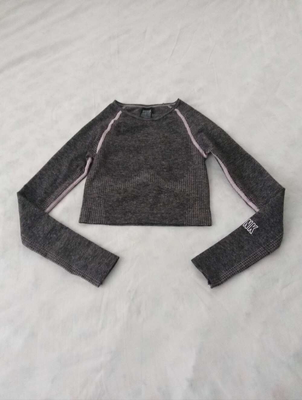 Victoria's Secret Gray Long-Sleeve Seamless Cropped Tee with Pink Stitching